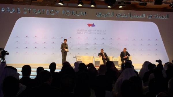Former UK prime minister David Cameron, and former CIA chief Leon Panetta, discuss the main global political forecasts for 2017 in a session moderated by Becky Anderson of CNN. (Twitter/Arab Strategy Forum)