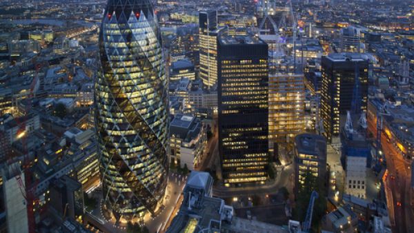 London's financial district featuring the neo-futuristic skyscraper known affectionately as the Gherkin. (Shutterstock) 