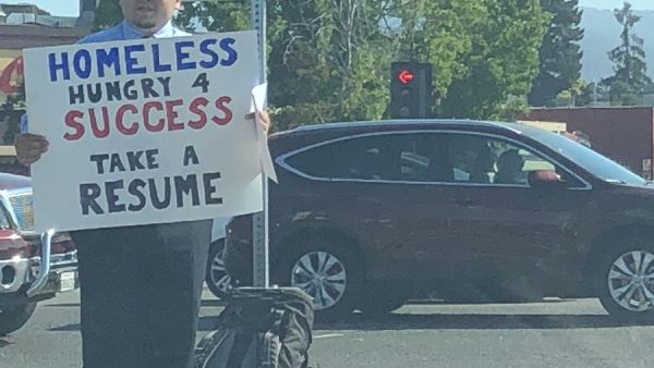 A homeless, jobless man in California adamant to land a job came up with a unique idea which is set to turn his life forever. (Twitter)