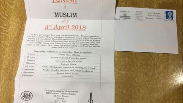 The horrifying letters, incite violence against Muslims, have been reported to police. (Twitter)