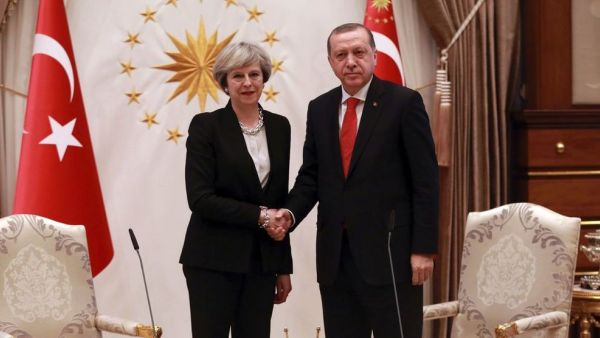 British prime minister Theresa May and Turkey’s president Recep Tayyip Erdogan on Saturday. (AFP/File)