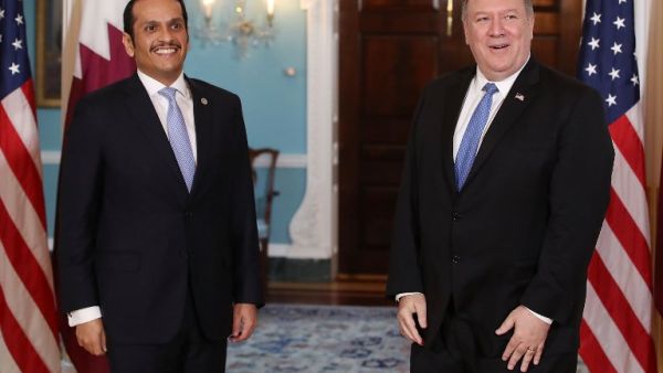 U.S. Secretary of State Mike Pompeo (R), welcomes Qatari Foreign Minister Sheikh Mohammed bin Abdulrahman Al Thani, at the Department of State, on June 26, 2018 in Washington. (AFP/ File)