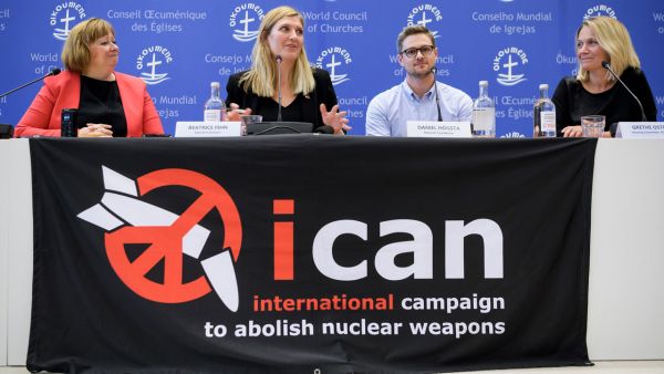 ICAN members held demonstration in front of the UN building in Geneva to urge countries to abolish nuclear weapons. (AFP/ File Photo)