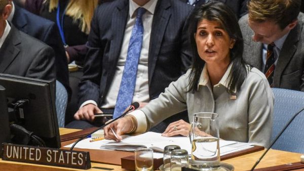 U.S. Ambassador to the United Nations Nikki Haley delivers a speech during a United Nations Security Council meeting on the situation in Palestine at the United Nations headquarters on December 8, 2017 (Stephanie Keith/Getty Images North America/AFP)