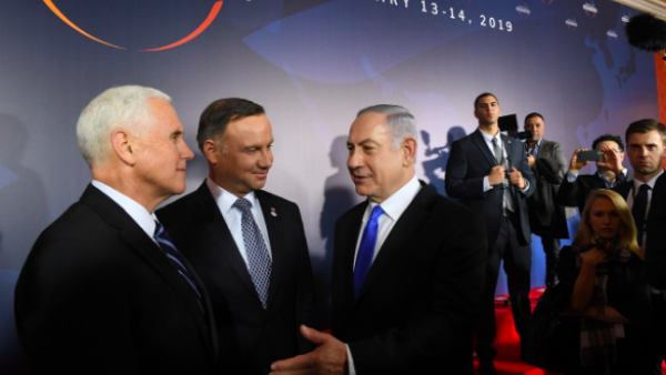 US Vice President Mike Pence, Poland's President Andrzej Duda and Israeli Prime Minister Benjamin Netanyahu at Warsaw summit (AFP)