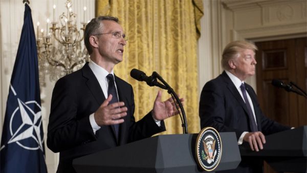 NATO Secretary General Jens Stoltenberg (L) and US President Donald Trump hold a joint press conference in the East Room at the White House in Washington, DC, on April 12, 2017. (AFP/Brendan Smialowski)