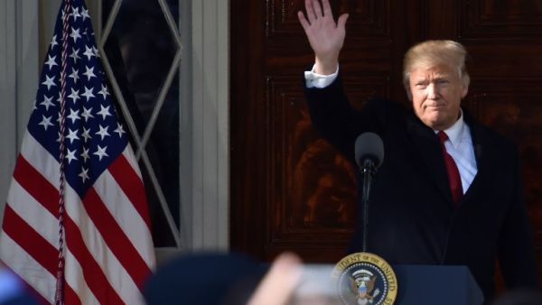 US President Donald Trump waves after he spoke at former president Andrew Jackson's Hermitage in Nashville, Tennessee on March 15, 2017. (AFP/Nicholas Kamm)