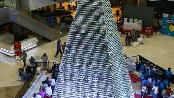 The world's largest tower of cupcakes, assembled at a mall in Chennai, India, measured 41 feet, 8 inches tall. (Photo courtesy of Guinness World Records)