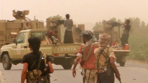 Pro-government forces gather near the airport in Hodeidah, western Yemen, June 15 2018. (AFP/ File)