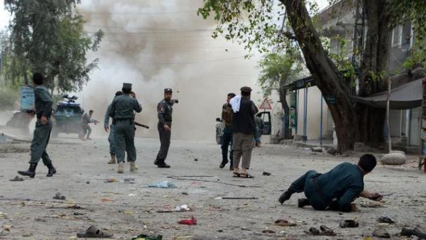 Security personnel observe the area after a second explosion following a suicide attack in the eastern Afghan city of Jalalabad on April 18, 2015. (AFP/File)