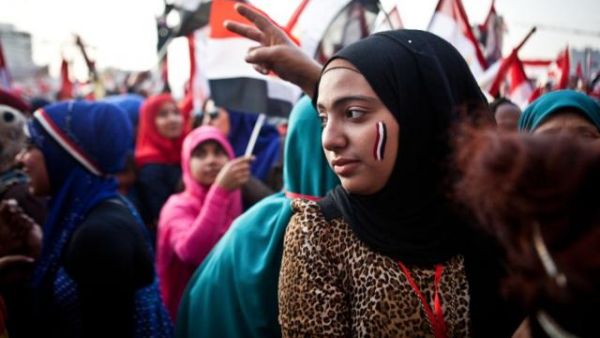Women at a rally in Tahrir Square mark the anniversary of the Arab Spring (AFP/file)