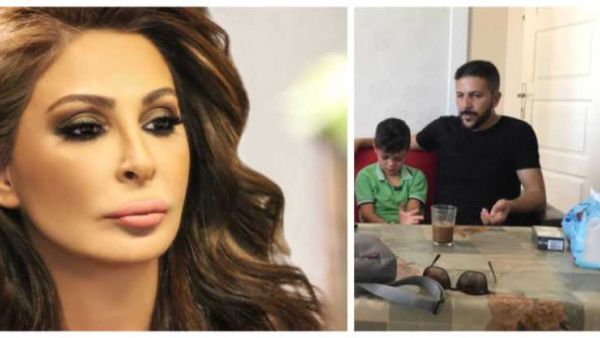صورة للطفل عبد المعين الحسن مع والده والفنانة إليسا