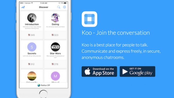 تطبيق Koo أحد هذه التطبيقات التي تُتيح للمستخدم إمكانية الدردشة مع الآخرين دون الكشف عن اسمه وكذلك دون معرفة هوّية الأشخاص الذين يدردش معهم، مع توفير مجموعات مختلفة يمكن الدخول إليها بحسب عنوانها الذي يمثّل محور النقاش الدائر بداخلها عادةً