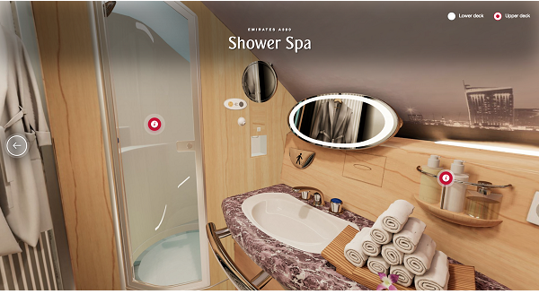 The iconic Onboard Lounge and Shower Spa on the Emirates A380 using navigational hotspots. The iconic Onboard Lounge and Shower Spa on the Emirates A380 using navigational hotspots.