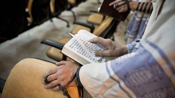 Iranian Jewish men, reading from the Torah, pray at a synagogue in Tehran on September 30, 2013.  (AFP/Behrouz Mehri)