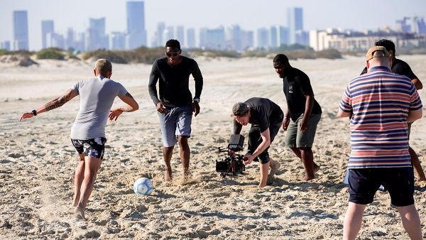 Their itinerary included kicking the ball around on the sand at Saadiyat Beach Club. Their itinerary included kicking the ball around on the sand at Saadiyat Beach Club.