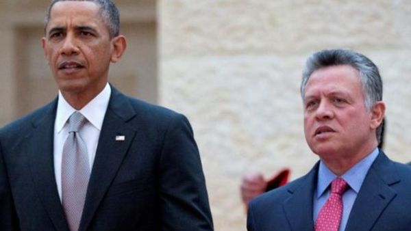 President Barack Obama of the U.S. stands shoulder to shoulder with Jordan's King Abdullah II