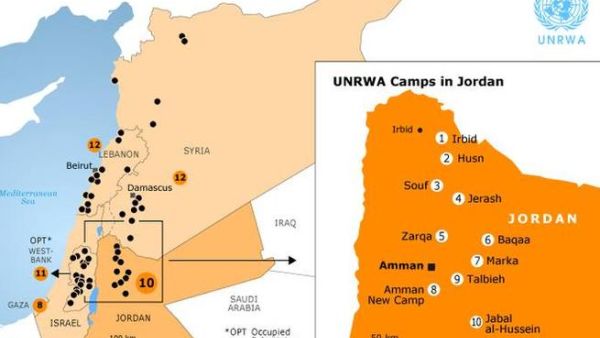 خريطة لوكالة غوث وتشغي اللاجئين الفلسطينيين "الأونروا" توضح فيها مخيمات اللاجئين في الأردن