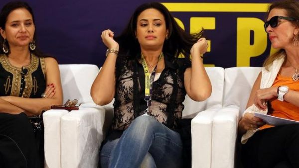 Egyptian actresses Yusra (R), and Nelly Karim (L) sit along side Tunisian actress Hind Sabry (C) during the Doha Tribeca Film Festival in the Qatari capital.