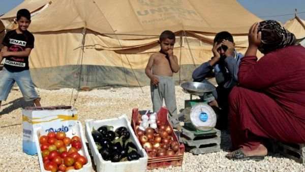 A Syrian refugee woman sells vegetables at the Zaatari refugee camp, (AFP PHOTO/KHALIL MAZRAAWI)