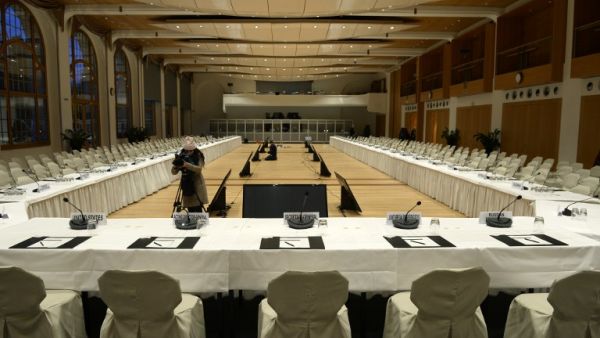 The Syria peace conference room at the conference center "Le Petit Palais" as part of the Montreux-Palace will be the location Wednesday for Geneva II peace talks. [AFP]
