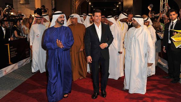 Sheikh Mohammed Bin Rashid Al Maktoum with Tom Cruise at the Dubai International Film Festival in 2011