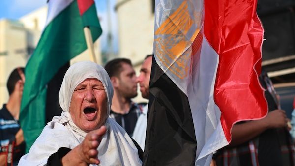 A Palestinian supporter of ousted Egyptian president Mohamed Morsi, shouts slogans as she stands in between the Egyptian (R) and Palestinian flags during a protest against the violence in the Egyptian capital on August 14, 2013, in Gaza City. (AFP)