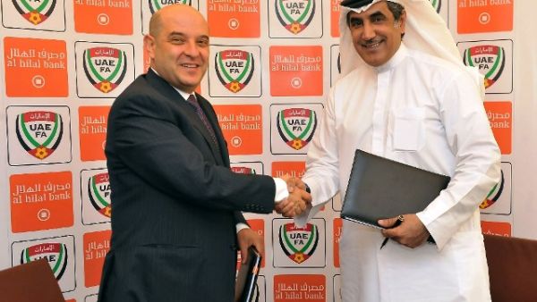 Mohamed Jamil Berro, CEO of Al Hilal Bank and Mohamed Al Rumaithi, President of the UAE Football Association after the agreement