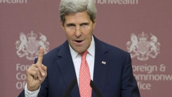 US secretary of State John Kerry addresses a news conference in London. Kerry made a gaffe about Syria handing over their chemical weapons stockpiles, which could inadvertently lead to a breakthrough in the peace talks. (AFP)