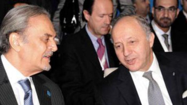 Foreign Ministers Prince Saud al-Faisal bin Abdulaziz al-Saud (left), of Saudi Arabia, and Laurent Fabius, of France, at an earlier meeting in Marrakech. Saudi Arabia and France have called for a stable Egypt and for the international community to up their support for the Syrian opposition. (AFP/File)