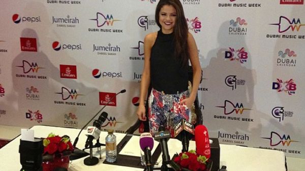 Selena Gomez chats it up, but not about Bieber, at a press conference in Dubai on Thursday. (Image: Facebook)