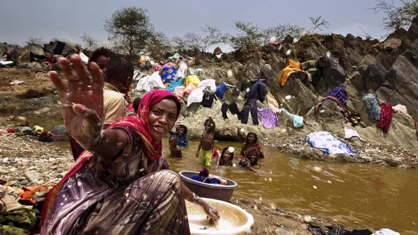 During intense water shortages, small amounts of water must be carried long distances to be used.