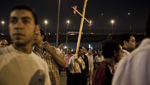 Coptic Christians protest outside the Cairo Coptic Hospital the day after 25 Coptic Christians were killed by the army. (Photo: Ed Giles)