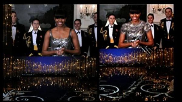 Left: Michelle Obama announcing the best picture winner at the Oscars. Right: The same image, as it appeared on an Iranian state news agency. (CBS News/Fars)