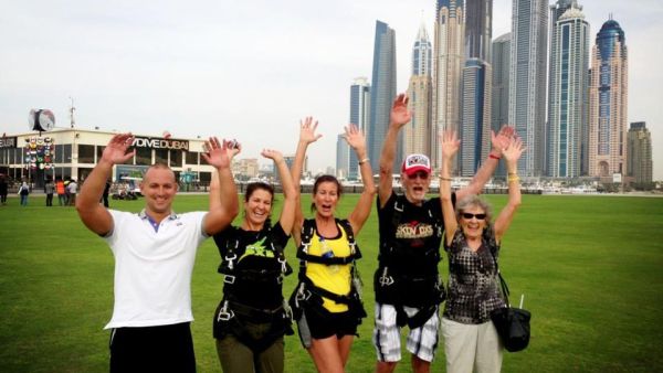 Dick Corbit with his family in Dubai at SkyDive Dubai. 