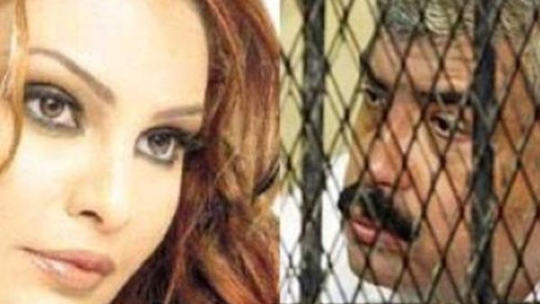 سوزان تميم وفي مقابلها صورة لهشام طلعت في قفص الاتهام