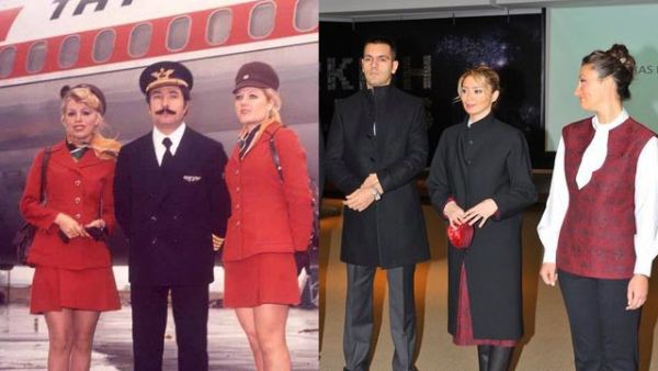 Turkish Airlines flight attendants in 1974 (L) and designer Dilek Hanif’s proposed uniforms (R). (Courtesy: Turkish Airlines / European Pressphoto Agency)