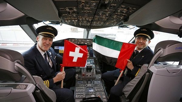 Captain George Douglas and First Officer Mangino Pablo Octavio Garcia operated the first B787 Dreamliner service from Abu Dhabi to Geneva.