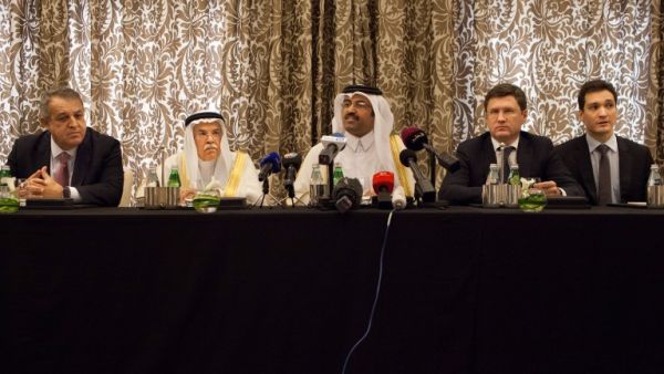 Representatives from OPEC countries Qatar, Saudi Arabia, Venezuela, and Russia attend a press conference on Feb. 16, 2016 in Doha, Qatar. (AFP/Olya Morvan)