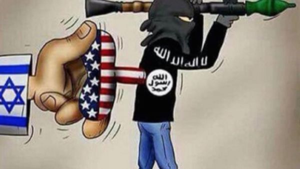 A pamphlet, believed to be from Russia, was dropped onto Syria illustrating Israel and the US-led coalition in charge of a Daesh militant. (Twitter)