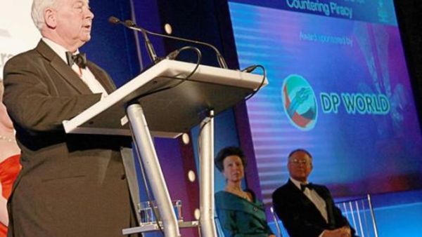 Sir John Parker, Joint Vice Chairman, DP World, delivers his speech, in the presence of HRH Princess Anne and IMO Secretary-General, Efthimios Mitropolous