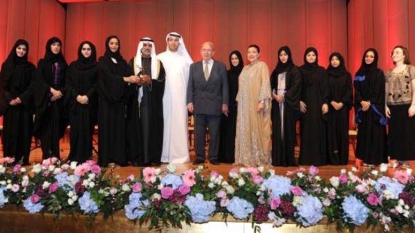 HE Sheikh Nahyan Mubarak Al Nahyan, HE Khaldoon Al Mubarak and HE Mrs Hoda Kanoo present Abu Dhabi Festival Award