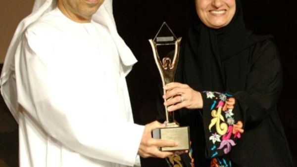 Abdulla Kalban, President & Chief Executive Officer DUBAL, receives the honorary Stevie Award from H E Sheikha Lubna bint Khalid Al Qassimi, UAE Minister of Foreign Trade
