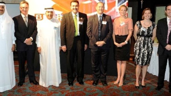 Khalid Al Zayani, BBBF Chairman; Ahmed Al Shaikh, Tamkeen Vice President; Rupert Potter, Deputy Head of Mission at the British Embassy in Bahrain, with BBBF Committee members at the meeting