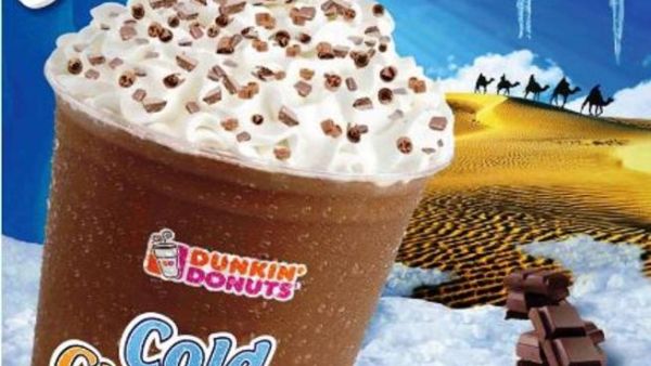 Cold chocolate beverage drink topped with Kit Kat chocolate from Dunkin’ Donuts Cold chocolate beverage drink topped with Kit Kat chocolate from Dunkin’ Donuts