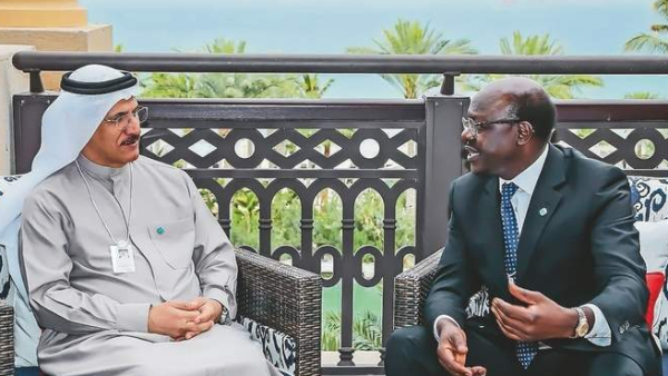 Sultan bin Saeed Al Mansouri meets Mukhisa Kituyi, secretary-general of the UN Conference on Trade and Development, on the sidelines of the World Government Summit in Dubai on Monday. (Courtesy WAM)