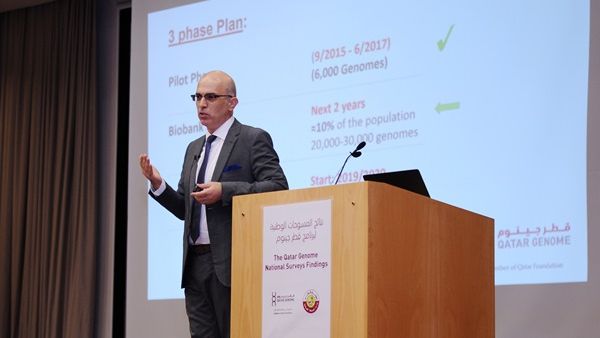 الدكتور سعيد إسماعيل، مدير برنامج "قطر جينوم"، يرحب بالحاضرين في فعالية إعلان نتائج استطلاعات الرأي التي أجراها البرنامج.