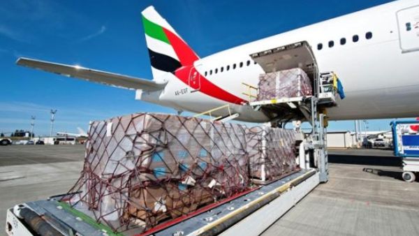 Emirates Airlines' Boeing 777-300 is loaded with relief supplies for victims of the Somalia civil war Emirates Airlines' Boeing 777-300 is loaded with relief supplies for victims of the Somalia civil war