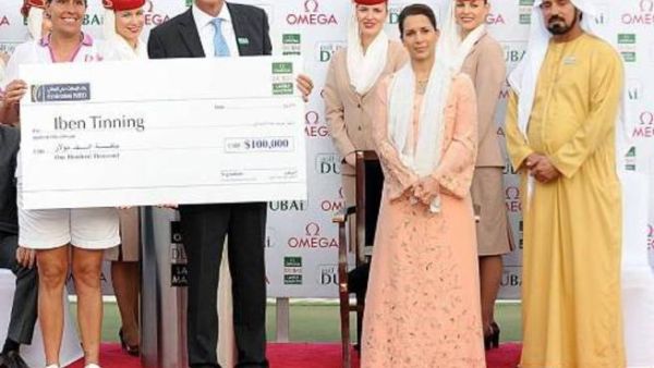 HRH Princess Haya bint Al Hussein, wife of HH Sheikh Mohammed bin Rashid Al Maktoum, at the presentation ceremony of Omega Dubai Ladies Masters tournament with Rick Pudner, CEO Emirates NBD and the winner Iben Tinning