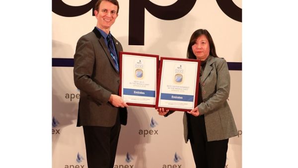 Emirates receives three awards in the Middle East at the 2018 APEX Passenger Choice Awards ceremony.